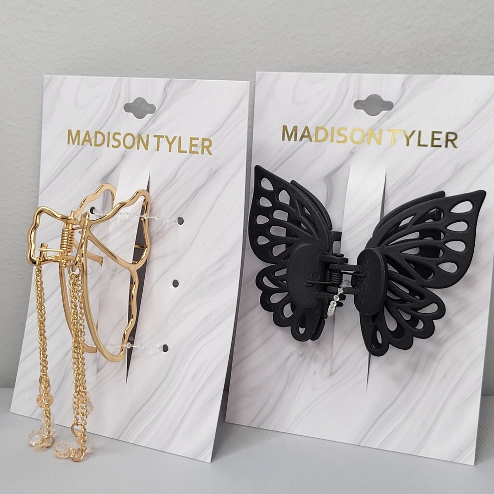2 Butterfly Madison Tyler Hair Clips - 1 Gold with Chains & Beads, 1 Matte Black